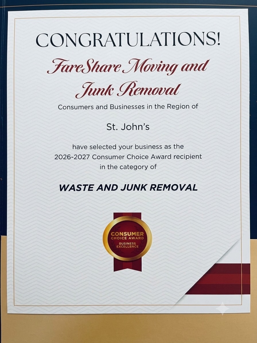 FareShare Services — 2026-2027 Consumer Choice Award Certificate for Waste and Junk Removal in St. John's